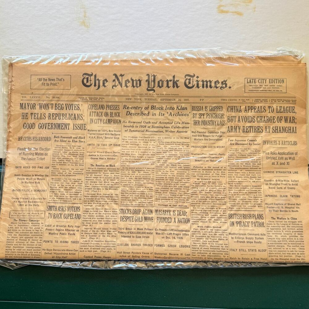 The New York Times dated Tuesday, September 14, 1937 With case
